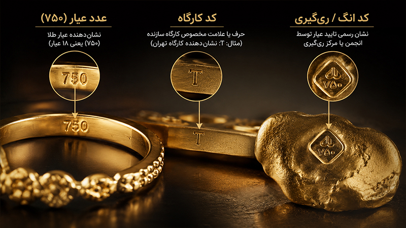 نشانه های اصالت طلا؛ عدد عیار 750، کد کارگاه و کد ری گیری